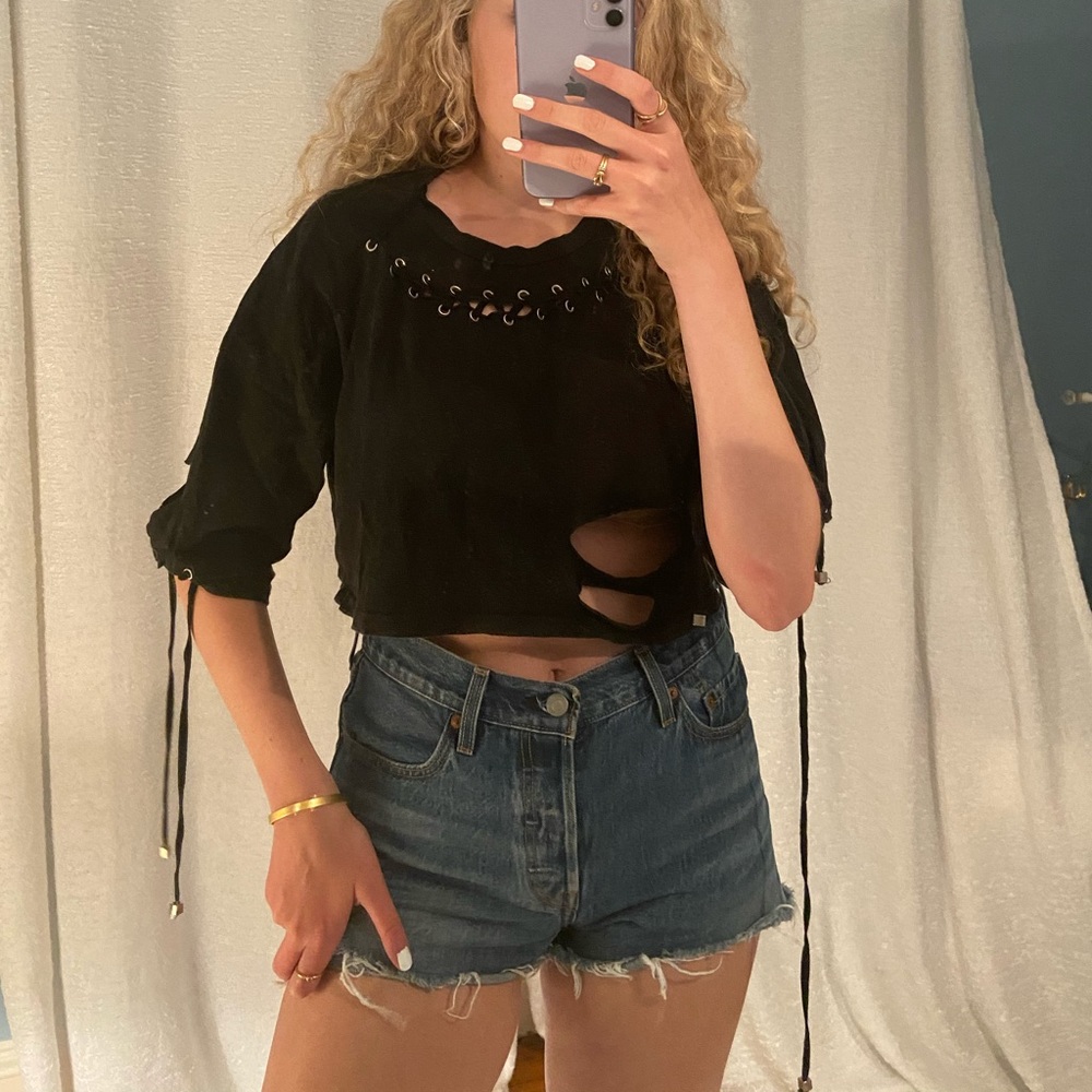 POL distressed black crop top with metal accents